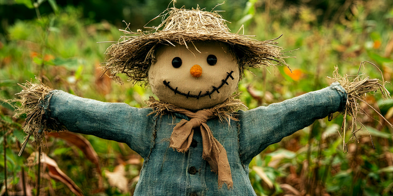 A whimsical scarecrow stands in an autumn garden.