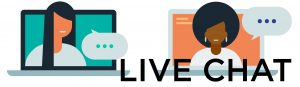 Illustration two women with chat bubles and text that says live chat