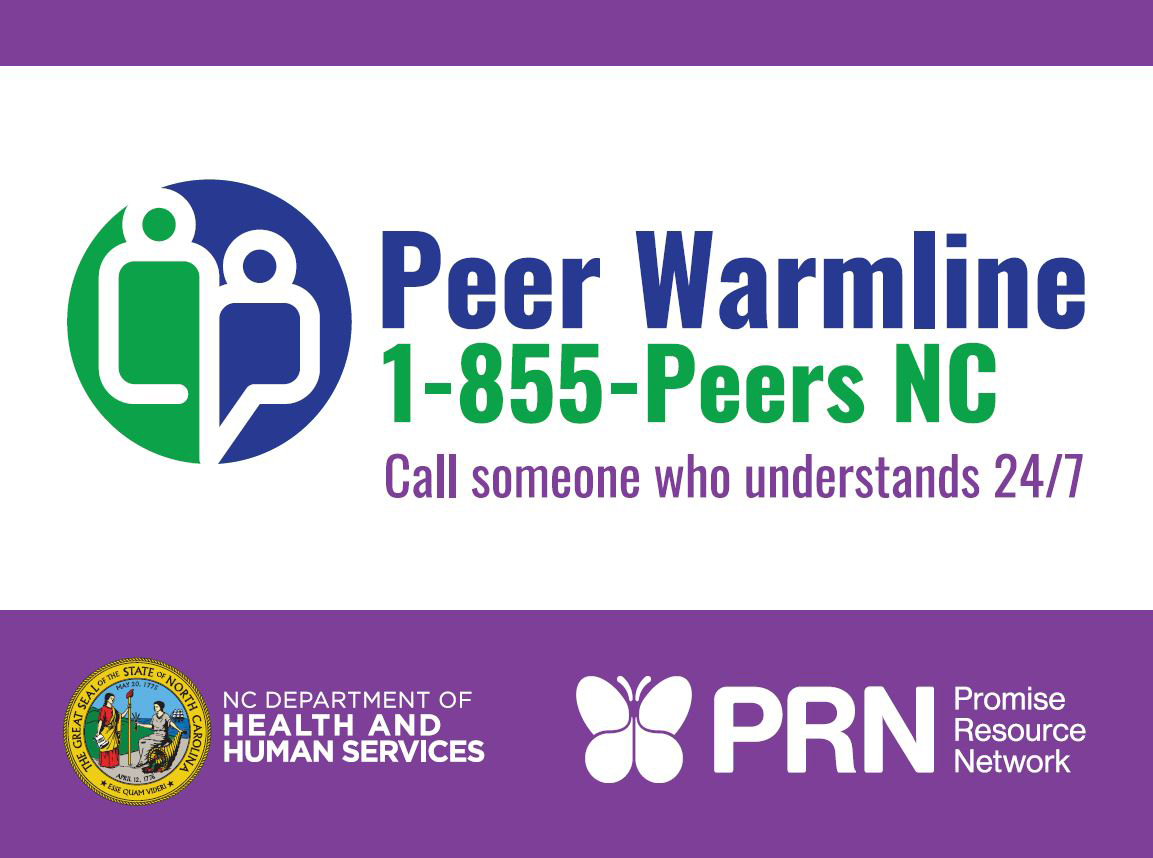 Peer Warmline logo with the phone number 1-855-Peers NC and the message "Call someone who understands 24/7."