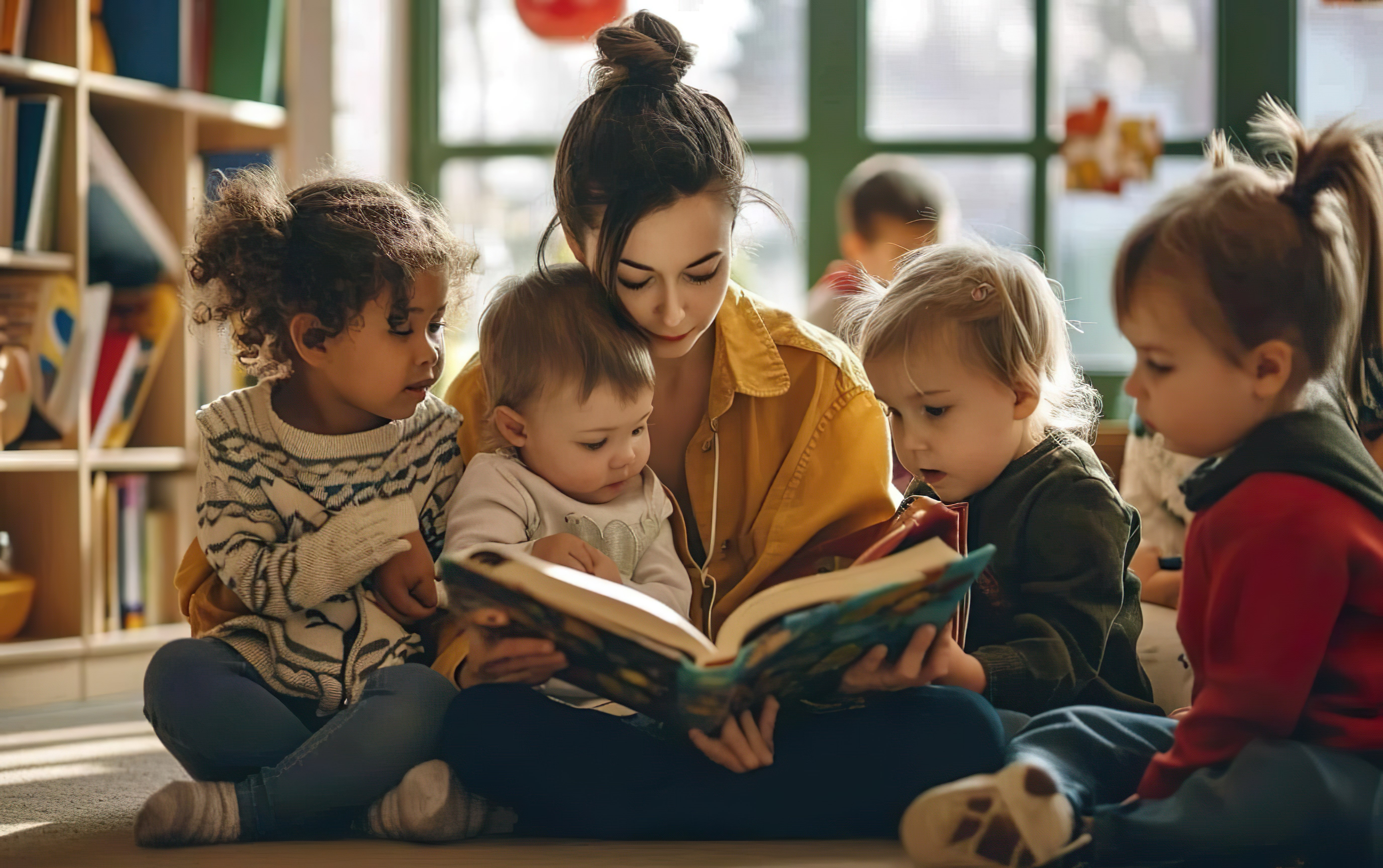 Teacher reading a picture book to a small group of young children in a brightly lit classroom