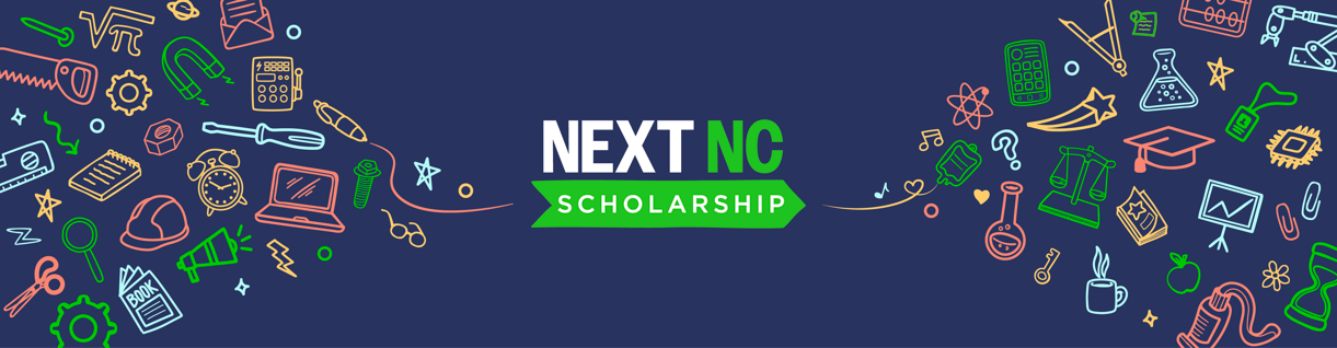 Next NC Scholarship banner with white and green text on a dark blue background surrounded by colorful icons representing education, careers, and learning.