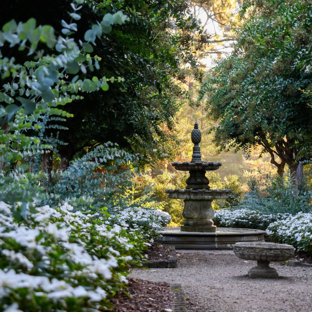 Formal garden path leading to a tiered stone fountain, surrounded by lush greenery, flowering shrubs, and mature trees with sunlight filtering through the canopy at the Sandhills Community College Horticultural Gardens.
