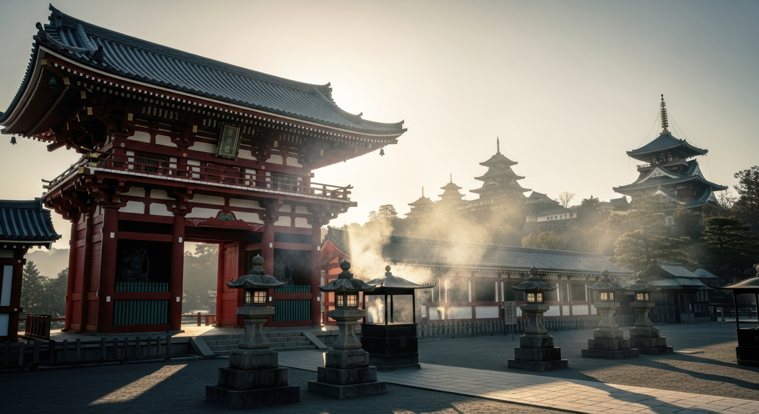 Todai-ji Temple in Nara, Japan, illuminated by golden-hour light with traditional temple architecture, stone lanterns, and mist rising through the temple grounds.