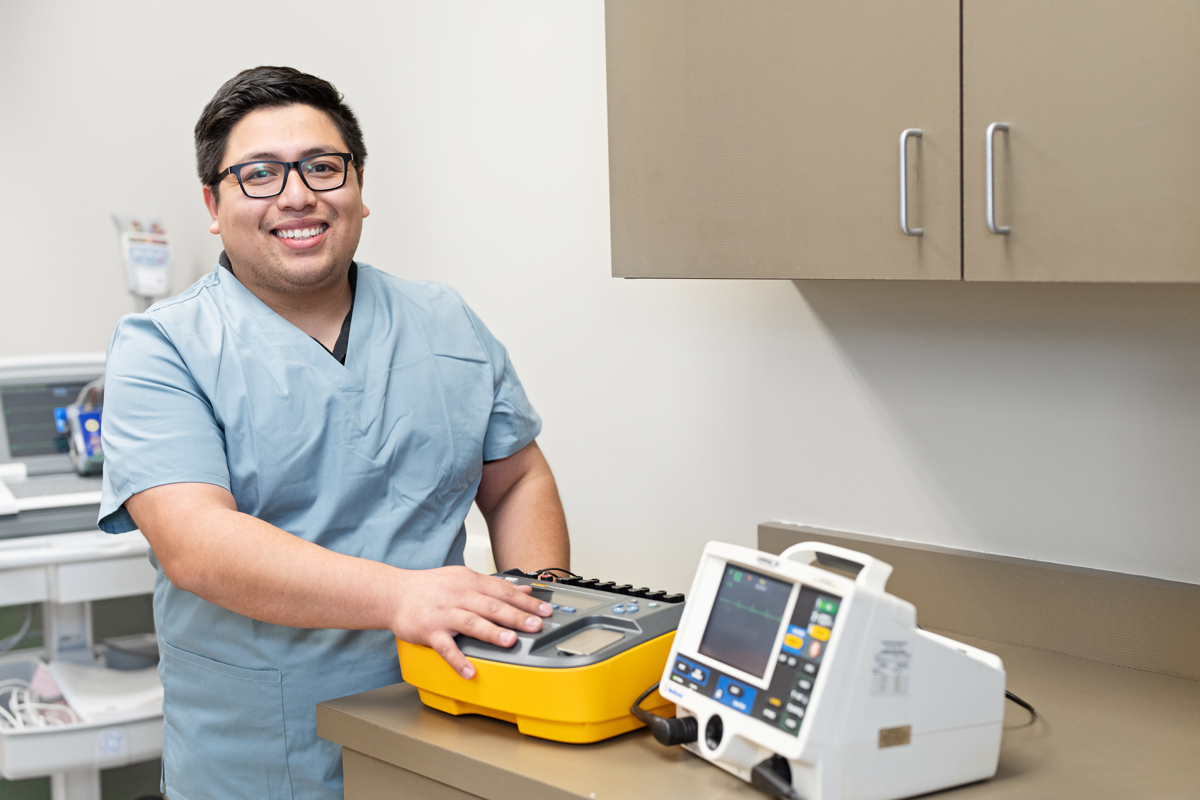 student with medical equipment