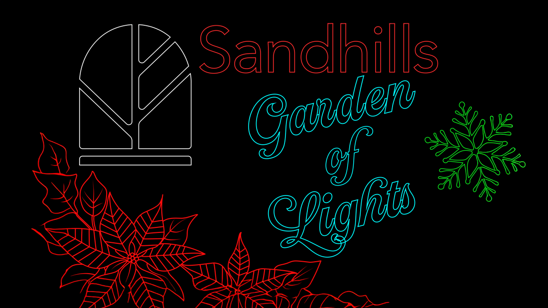 Sandhills Garden of Lights logo featuring the Sandhills Community College emblem, decorative holiday light-style lettering, and illuminated poinsetta leaves and a snowflake on a black background.