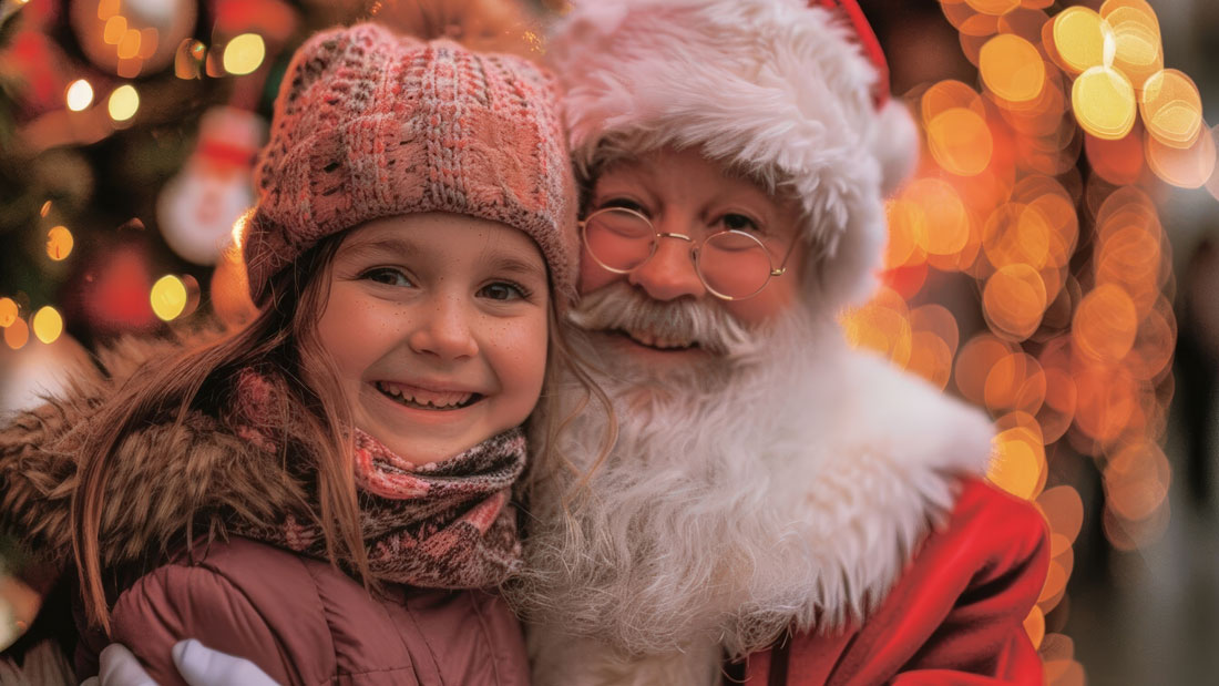 A smiling child in winter clothing poses with Santa Claus surrounded by glowing holiday lights.