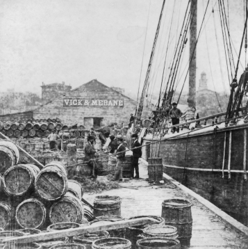 Barrels of naval stores products such as turpentine and rosin are loaded onto ships for transport, reflecting the importance of the pine industry in Southern trade.