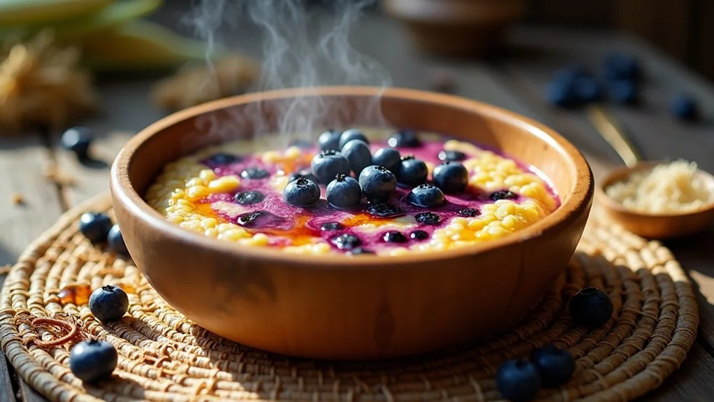 Bowl of steaming cornmeal porridge topped with blueberries and berry syrup.