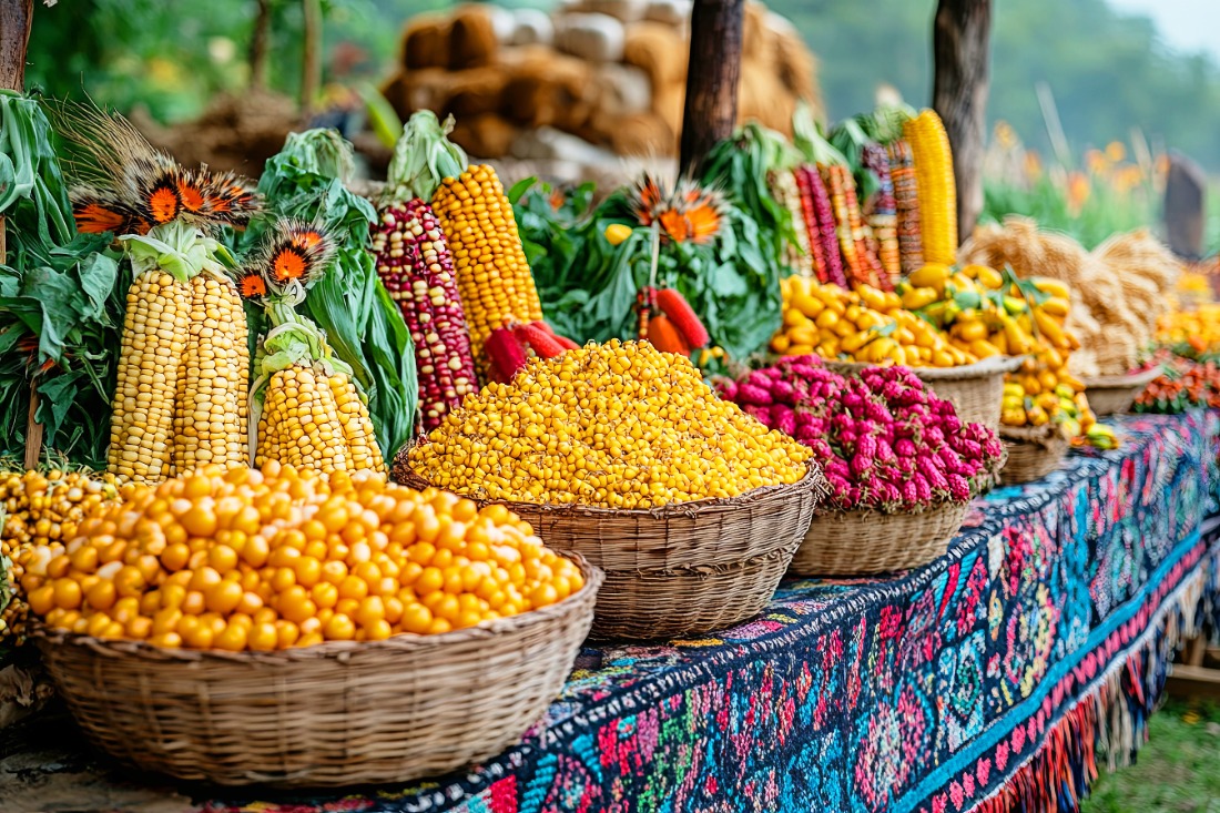 Baskets of corn, peppers, and other crops arranged in a colorful harvest display.