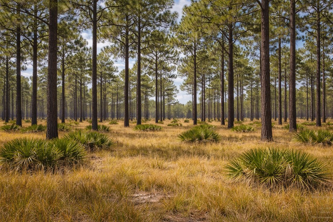 A mature longleaf pine savanna with widely spaced pine trees, native grasses, and palmettos growing across the forest floor.