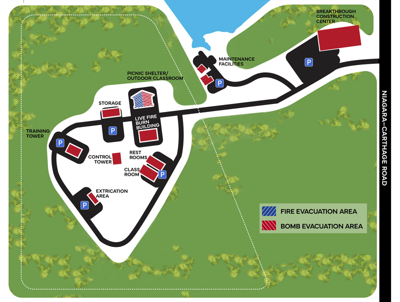 Map of Sandhills Community College campus. The left includes an area with the following (counter-clockwise): Storage and parking, Picnic Shelter/Outdoor Classroom and Live Fire Burn Building, Restrooms, Classroom with parking lot, Extrication Area with parking, and Training Tower with parking. Road surrounds area. Area on the right is a road leading to Niagara-Carthage Road. Above the road is a drive way to Maintenance Facilities with parking and a lake above, and a parking lot with Breakthrough Construction Center is to the right. Key: Blue with diagonal pattern, Fire Evacuation Area. Red with diagonal pattern is Bomb Evacuation Area. The Picnic Shelter/Outdoor Classroom has those patterns.