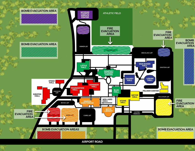 Map of Sandhills Community College Main Campus. Abstract illustrations of trees surround camp. Keys - Top Left: Bomb Evacuation Area (Purple and Green). Middle Right: Bomb Evacuation Area (Blue). Bottom: Bomb Evacuation Areas (Red and Blue). Bottom Right: Bomb Evacuation Area (Yellow). All evacuation areas have a pattern of white diagonal lines. North: McKean Campus Service Center (purple). Walking path to Homer Lot below. Road leads down. Right to road is Homer Lot (Purple square indicating bomb evacuation area is on top of Homer Lot), Joplin Lot, and Douglass Lot. Athletic Field (green) is over Joplin Lot. Tennis Courts below Joplin Lot. Fire Evacuation Area with arrow pointing to Joplin Lot. Fire Evacuation Area with arrow pointing to Douglass Lot. Blue square indicating bomb evacuation area is inside the right side of Douglass Lot. Center West: Gauguin Lot. Steed Hall (red) is north and Sirotek Hall (red) is west. Center (clockwise): Dempsey Student Center (green), Causey Hall (blue), Blue Hall (green), Kennedy Hall (red), Foundation Hall (red), and Little Hall (green). Center East: Van Dusen Hall (north, blue)), Logan Hall (South, blue)), and Einstein Lot (East). Palmer Center (yellow) is below Einstein Lot. South: (West to East): Irving Lot and Aristotle Lot, Basie Lot, Owens Auditorium (above, orange) and Curie Lot (below), Wellard Hall (above, orange) and Boyd Library (below, orange), Stone Hall (yellow), Meyer Hall (yellow), and Faulkner Lot. Road west of Faulkner Lot leads to Visitor Parking. Fire Evacuation Area pointing to Aristotle Lot and Basie Lot. Aristotle Lot has red bomb evacuation area indication and Basie Lot has orange bomb evacuation area indication. Fire Evacuation Area pointing to Faulkner Lot with yellow bomb evacuation area indication square inside. Airport Road is south of the campus. All roads are black and lots are black unless otherwise indicated.