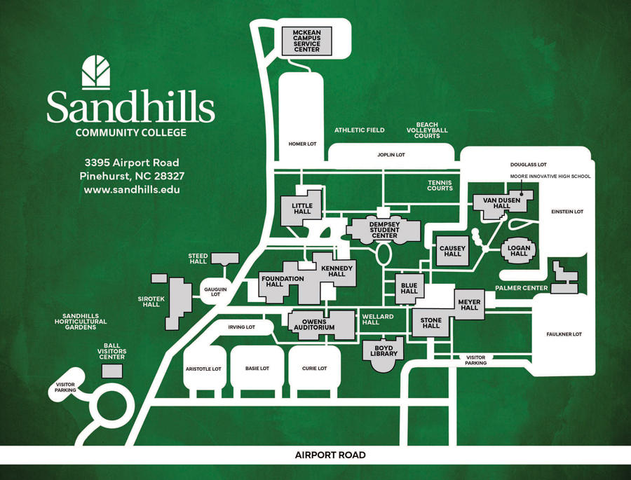 Map of the Sandhills Community College Pinehurst campus with north at the top and Airport Road running along the southern (bottom) edge. Campus buildings, parking lots, and designated fire and bomb evacuation areas are shown. Campus Layout The main campus occupies the center of the map. West (left) side: Sirotek Hall, Steed Hall, Foundation Hall, Kennedy Hall, Little Hall, and Gauguin, Irving, Armiston, and Basie parking lots. Center: Dempsey Student Center, Owens Auditorium, Blue Hall, Wellard Hall, Boyd Library, Curie Lot, and the central campus roadway. East (right) side: Van Dusen Hall, Causey Hall, Logan Hall, Palmer Center, Meyer Hall, Stone Hall, Einstein Lot, Douglass Lot, Faulkner Lot, and Visitor Parking. North (top center): McKean Campus Service Center, Homer Lot, the Athletic Field, and Joplin Lot.