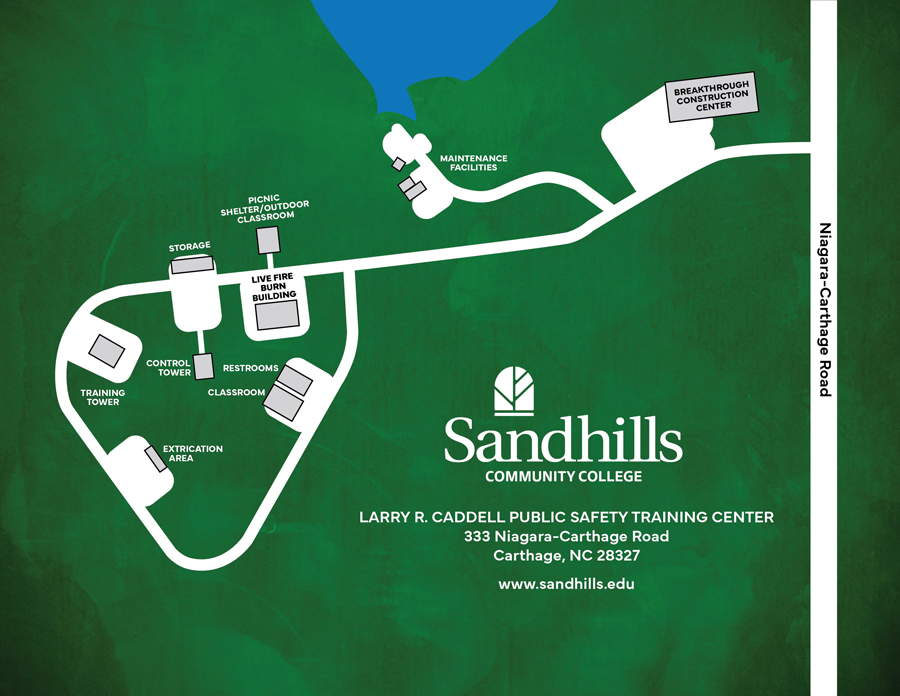 Map of the Sandhills Community College Larry R. Caddell Public Safety Training Center at 333 Niagara-Carthage Road in Carthage, North Carolina, with Niagara-Carthage Road running along the eastern (right) edge. Campus roadways, training facilities, support buildings, and outdoor training areas are shown.  Campus Layout  The training center occupies the western (left) half of the map, with support facilities extending northeast toward the main entrance from Niagara-Carthage Road.  West (left) side: Training Tower, Extrication Area, Control Tower, Storage Building, and the western training loop road.  Center: Live Fire Burn Building, Classroom, Restrooms, Picnic Shelter/Outdoor Classroom, and connecting campus roadways.  North (upper center): Maintenance Facilities with an access road leading toward the main entrance.  East (right) side: Breakthrough Construction Center, the primary campus entrance, and Niagara-Carthage Road.  Training Features  The map identifies specialized public safety training facilities including the Live Fire Burn Building, Training Tower, Control Tower, Extrication Area, Classroom, Picnic Shelter/Outdoor Classroom, Maintenance Facilities, Storage Building, and the Breakthrough Construction Center. Internal roadways connect each training area and support building.  The map is intended to help students, instructors, emergency responders, and visitors locate training facilities and navigate the Larry R. Caddell Public Safety Training Center campus.