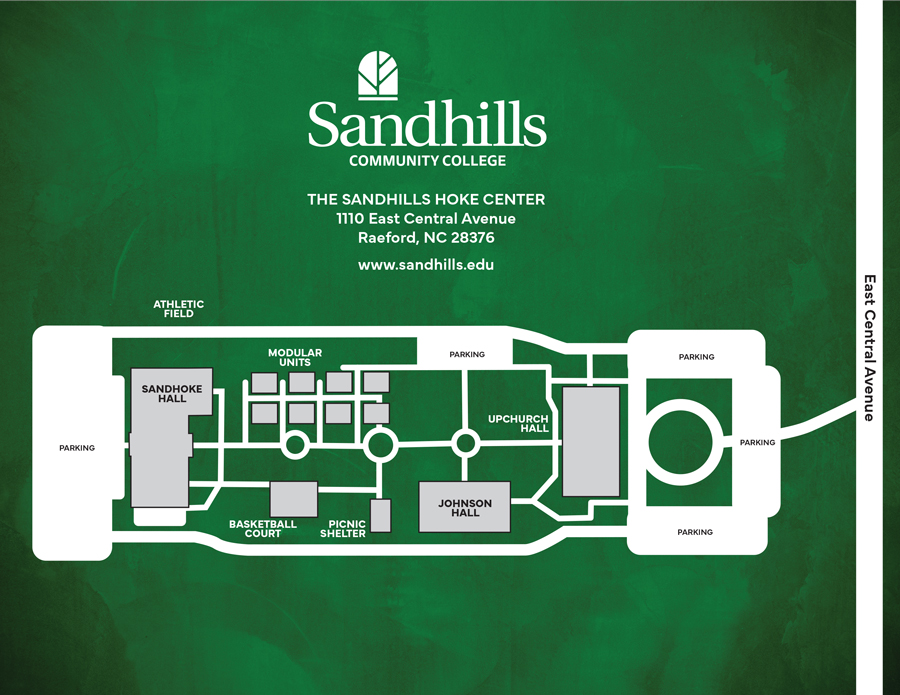 Map of the Sandhills Community College Hoke Center campus at 1110 East Central Avenue in Raeford, North Carolina, with East Central Avenue running along the eastern (right) edge. Campus buildings, parking areas, roadways, sidewalks, and outdoor facilities are shown.  Campus Layout  The Hoke Center campus occupies the center of the map.  West (left) side: SandHoke Hall, an adjacent parking area, the athletic field, and the western campus entrance.  Center: Modular Units, Johnson Hall, the basketball court, picnic shelter, landscaped walkways, connecting roads, and several small parking areas.  East (right) side: Upchurch Hall, the main campus entrance from East Central Avenue, a circular driveway, and multiple visitor parking areas.  Outdoor Features  The map identifies the athletic field on the northwest side of campus, modular classroom units near the center, a basketball court and picnic shelter south of the central walkway, and parking areas surrounding the campus. Sidewalks and internal roadways connect all major buildings and outdoor facilities.  The map is intended to help students, employees, and visitors locate campus buildings, parking areas, and outdoor amenities at the Sandhills Community College Hoke Center.