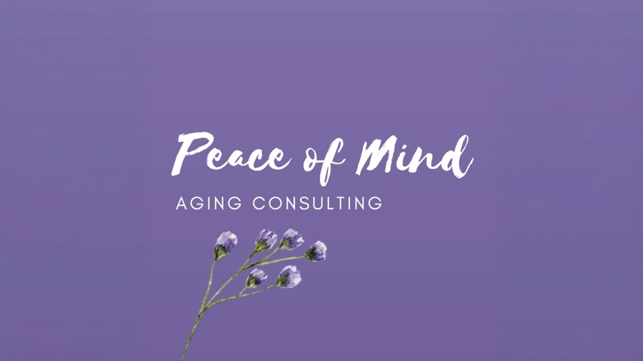 Peace of Mind Aging Consulting logo with white script text on a purple background and small floral graphic.