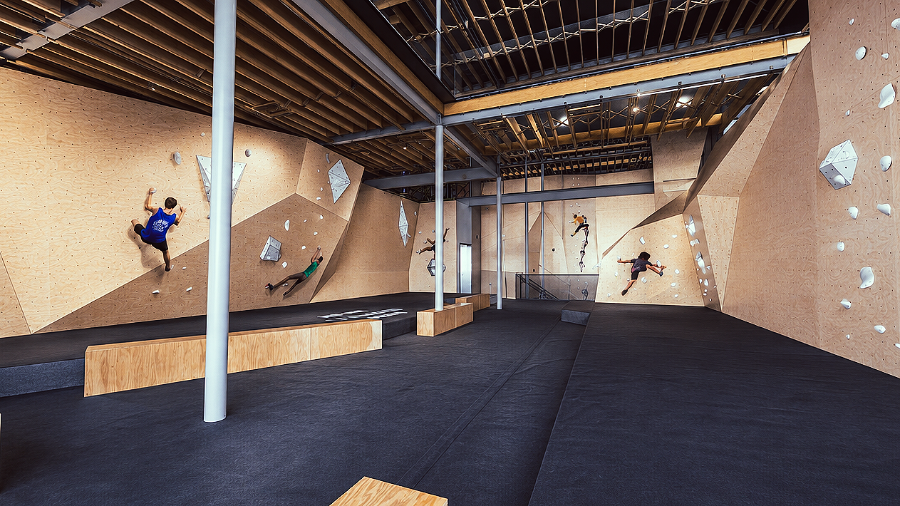 Conceptual rendering of the interior of Criss Cross Climbing Gym, featuring bouldering walls, climbing routes, padded flooring, and climbers using the facility.