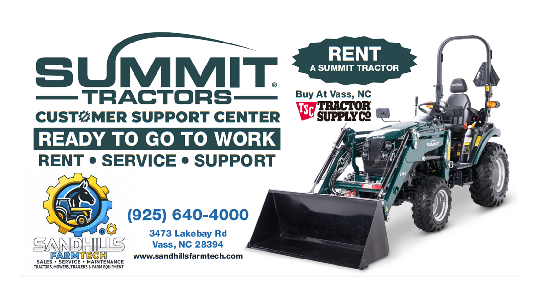Promotional graphic for Sandhills FarmTech featuring Summit Tractors sales, rentals, service, support, and contact information.