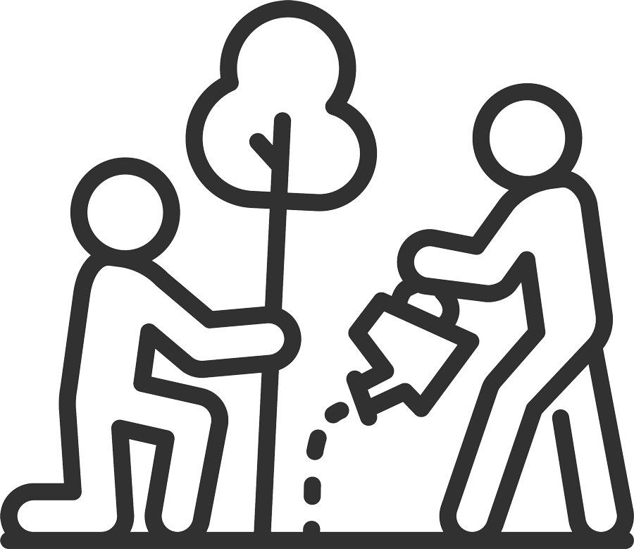 Line illustration of two people planting and watering a young tree.