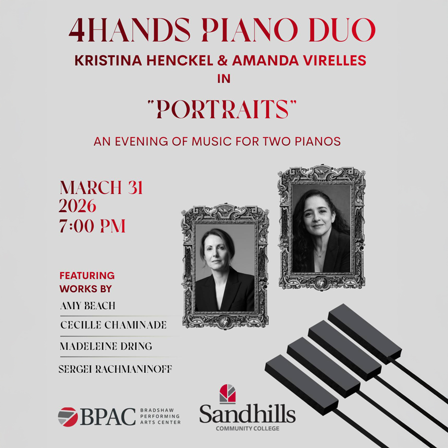 Poster promoting the 4Hands Piano Duo concert featuring Kristina Henckel and Amanda Virelles performing “Portraits” on March 31, 2026 at 7:00 PM at the Bradshaw Performing Arts Center.