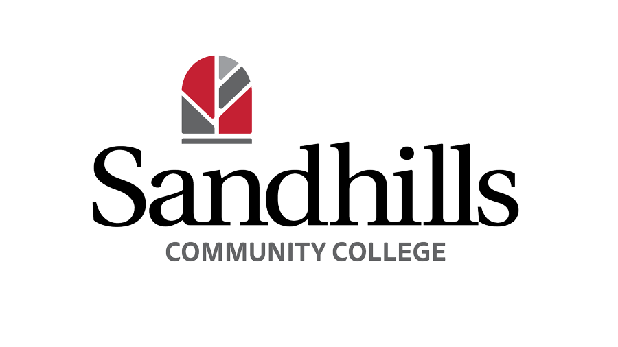 Sandhills Community College logo featuring the College’s red and gray emblem above the institution name on a light background.