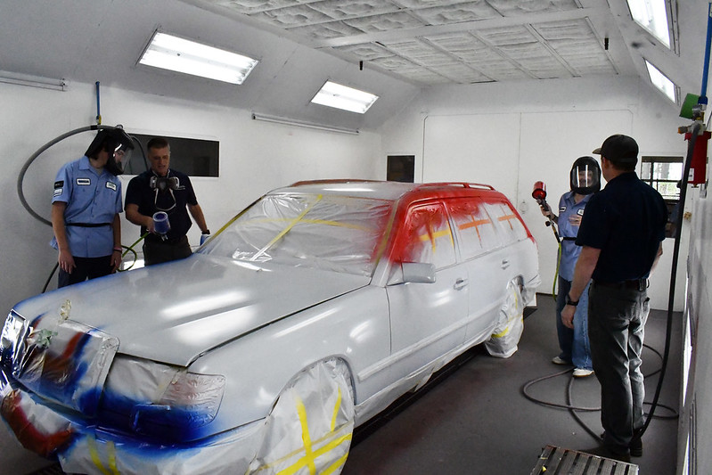 Instructors and students from Pinecrest High School and North Moore High School rolled up their sleeves at the Sandhills Community College (SCC) in the automotive department’s paint bays to get work on a car that will be featured at an upcoming car show in Pinehurst on Saturday, April 19.